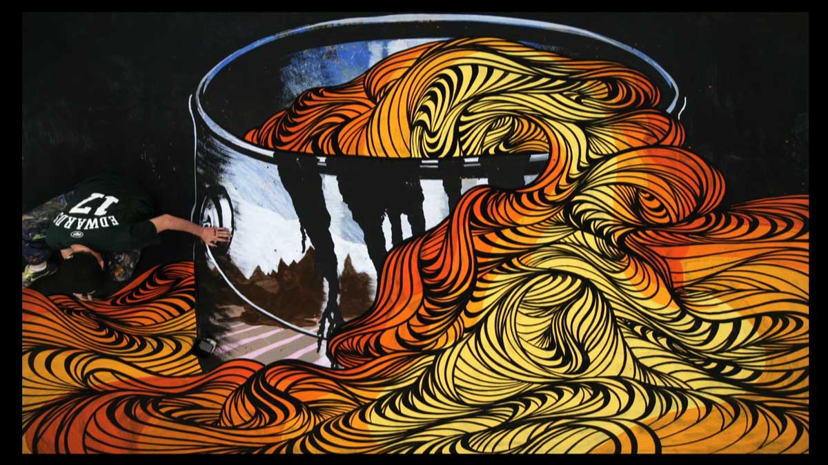 David Ellis, Animal, 2010 A man painting a large shiny bucket with long colorful pasta flowing out