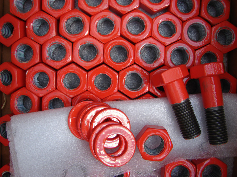 Red nuts, washers, and bolts