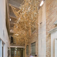 Wooden crutches combined into a spoke pattern hanging from the ceiling of an atrium