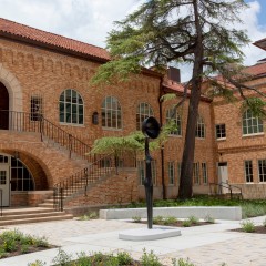 The artwork, Sentinel IV, a tall slender female figure with a bowlcrown for a head is centrally placed in the courtyard of Anna Hiss Gymnasium. There is a large tree that can be seen to the right of the image. 