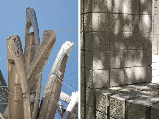 Details of Nancy Rubins' "Monochrome for Austin" and Sol LeWitt's "Circle with Towers" side by side in a graphic.