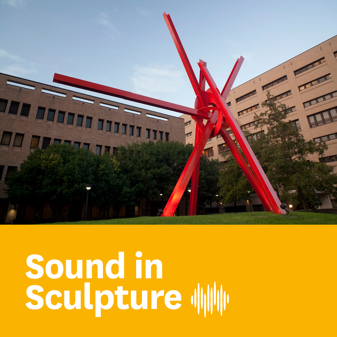 A graphic for Sound in Sculpture which includes a photograph of Mark di Suvero's "Clock Knot" and a yellow bar at the bottom with white text which reads "Sound in Sculpture"