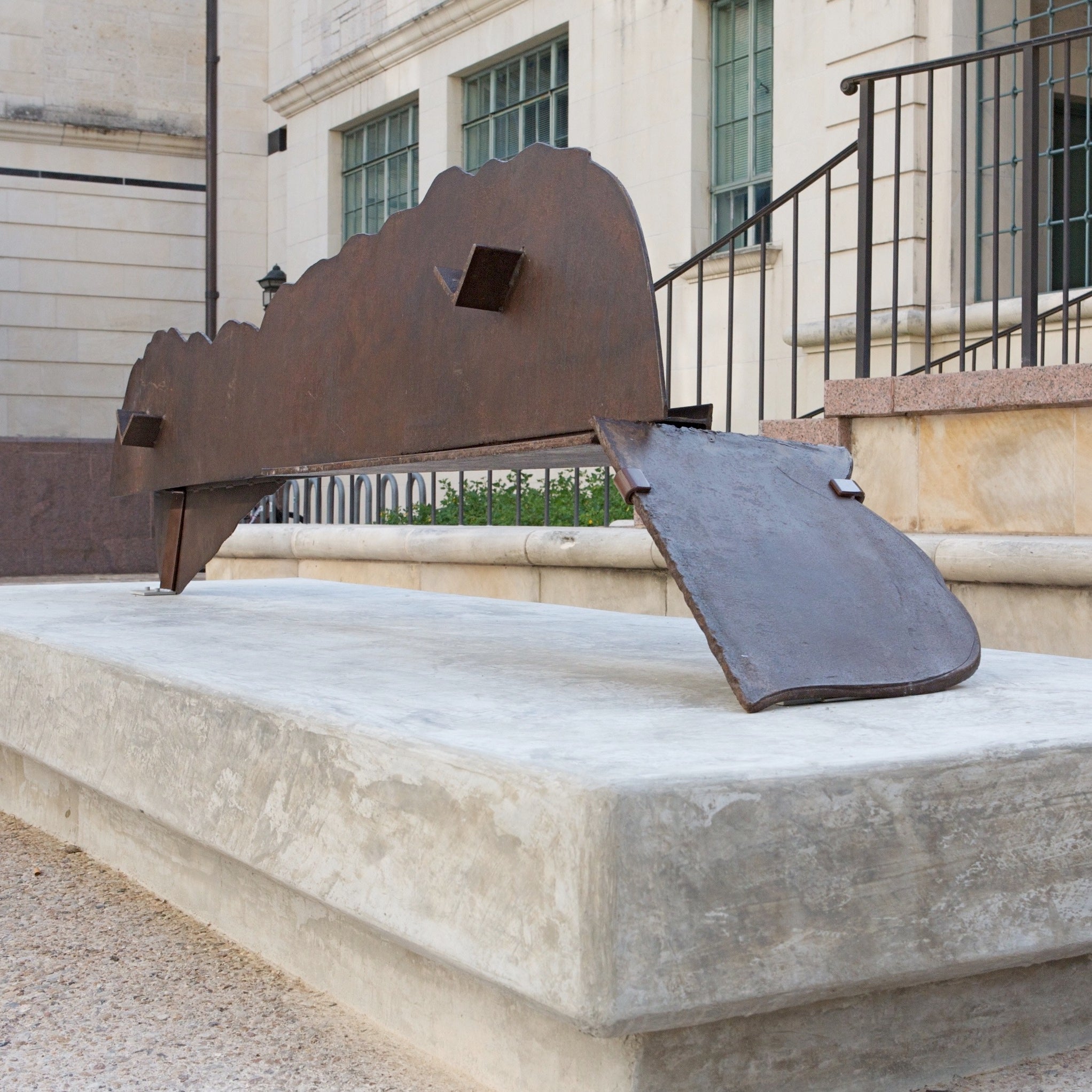 A horizontal steel sculpture which 