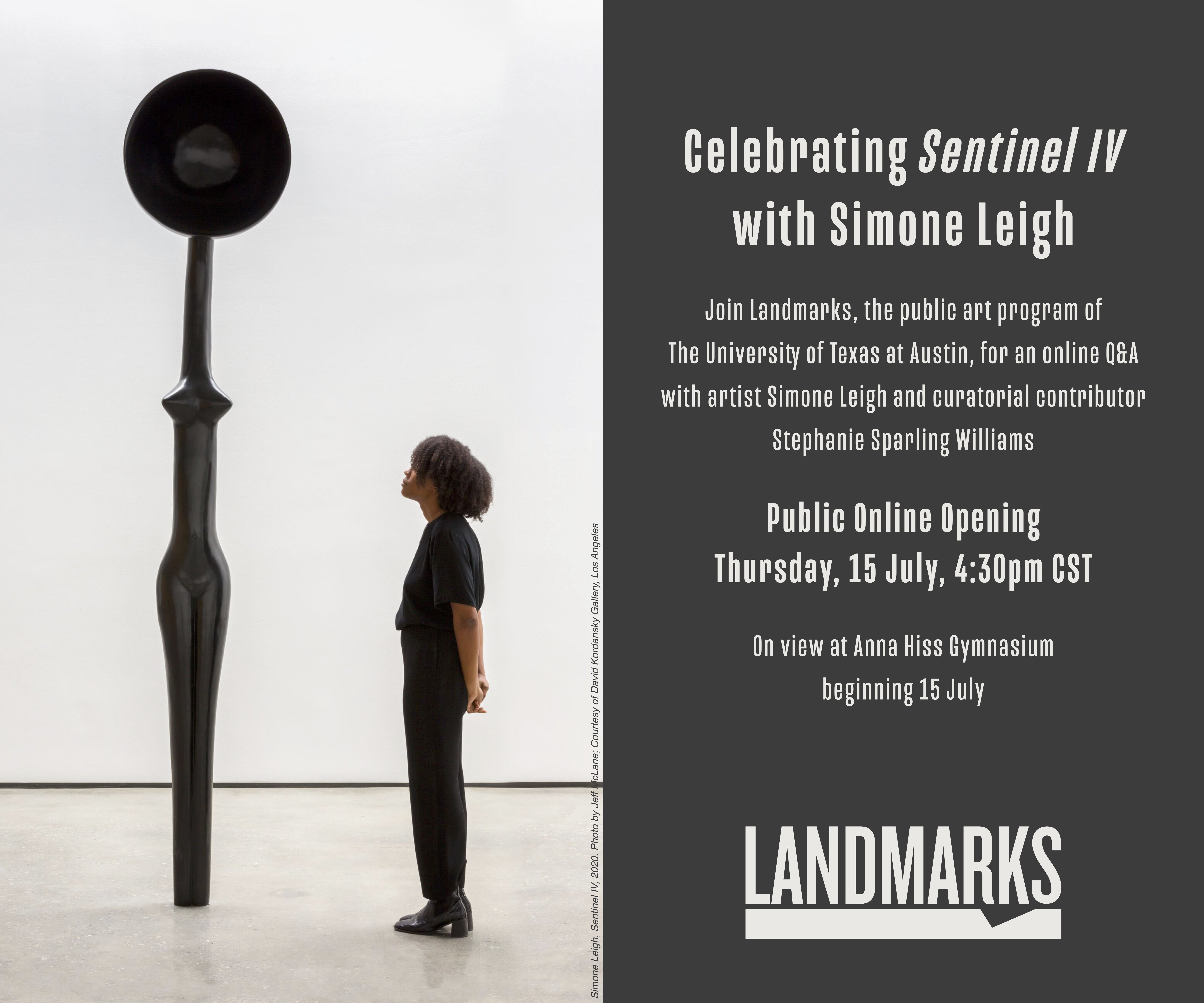 A graphic with an image of Simone Leigh's sculpture "Sentinel IV" on the left and a grey vertical bar on the right with event details