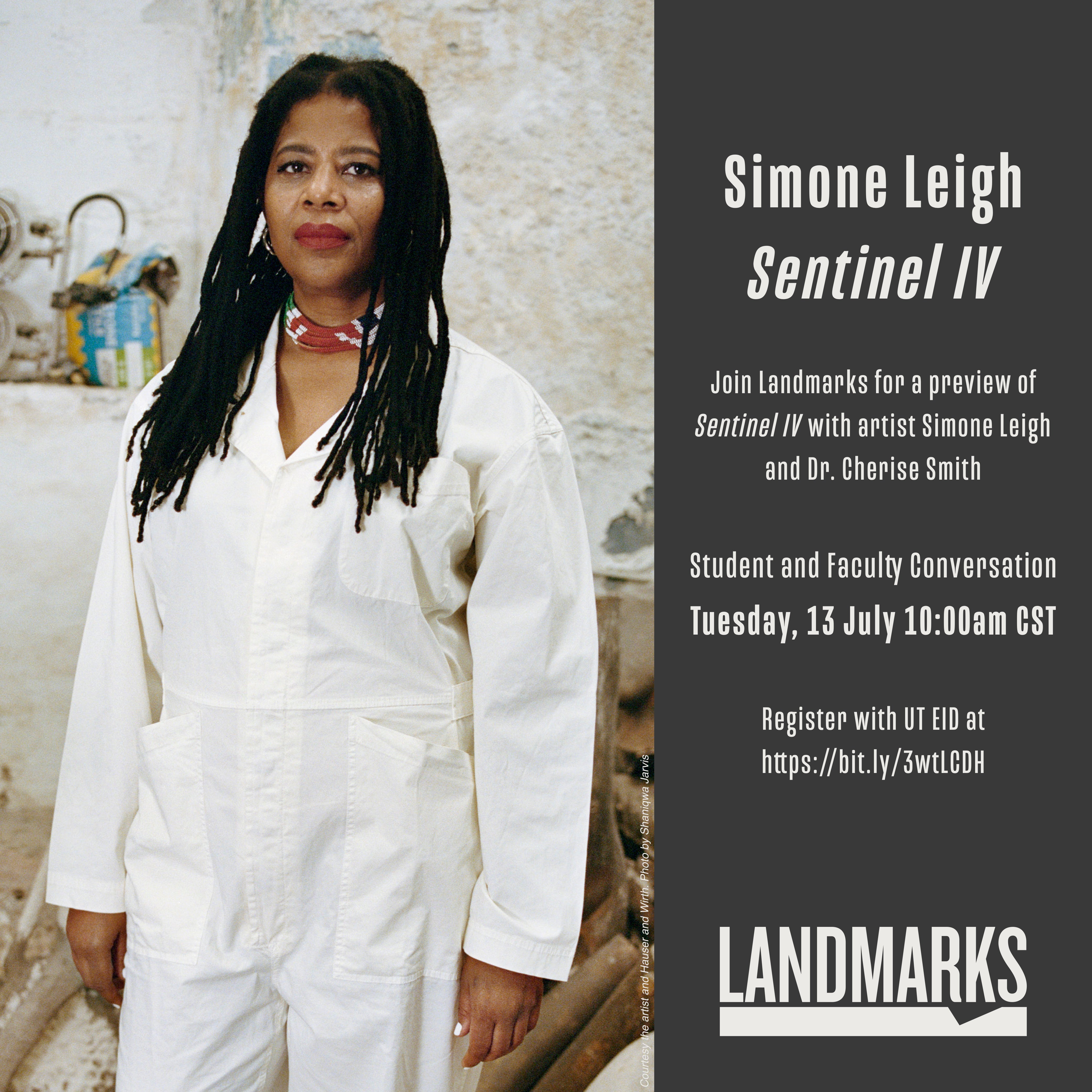 A graphic with an image of Simone Leigh on the left and a grey vertical bar on the right with event details