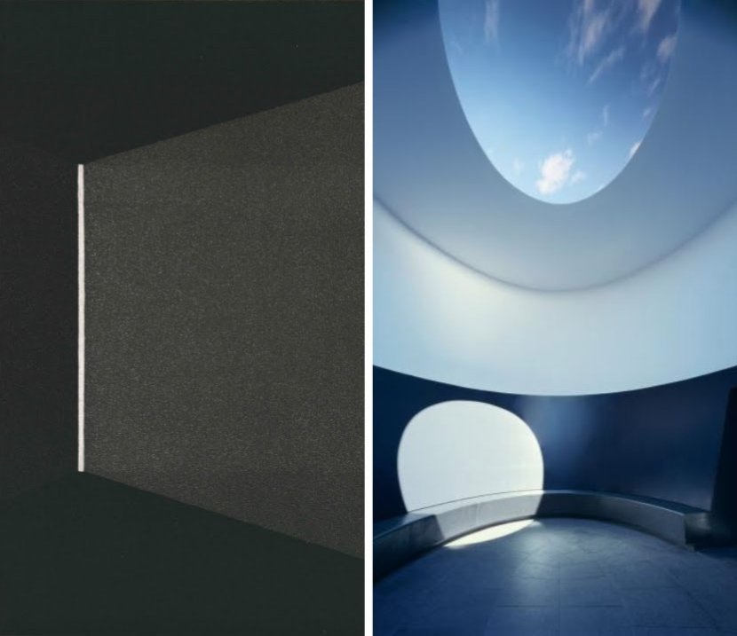Two images of James Turrell's work side-by-side; On the left a single vertical white line with light appearing to emerge from it in a dark space; Right: And image of "The Color Inside" with an occulus revealing clouds in the ceiling