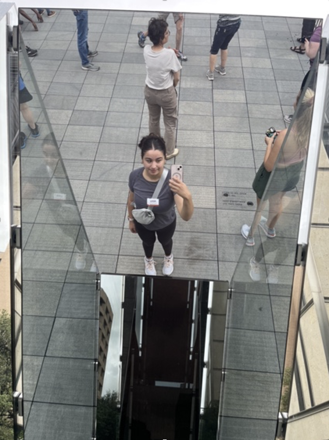 Abby Drake, Landmarks Education Intern, takes a selfie in Sarah Oppenheimer's "C-010106"