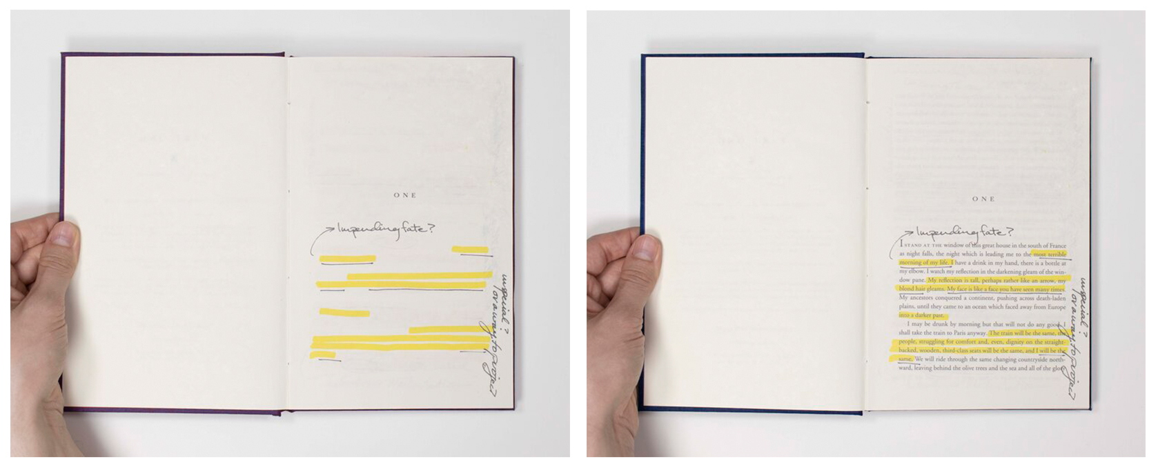 Two photographs side by side of Logan Larsen's Giovanni's Room; The book on the left has no words, just highlighting and annotations, while the book on the right has text and highlighting and annotations
