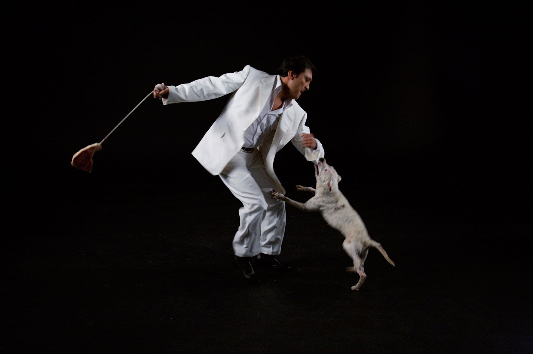 Miguel Angel Ríos, Crudo, 2008 A man swinging a raw steak on a rope while a dog bites his sleeve