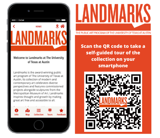 An image of Landmarks' app on an iPhone with a QR code that links to the app