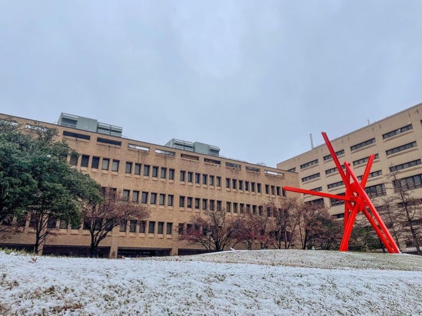Image shows a red sculpture with long red angles featured on top of a snow hill and against a dark and cloudy backdrop outside