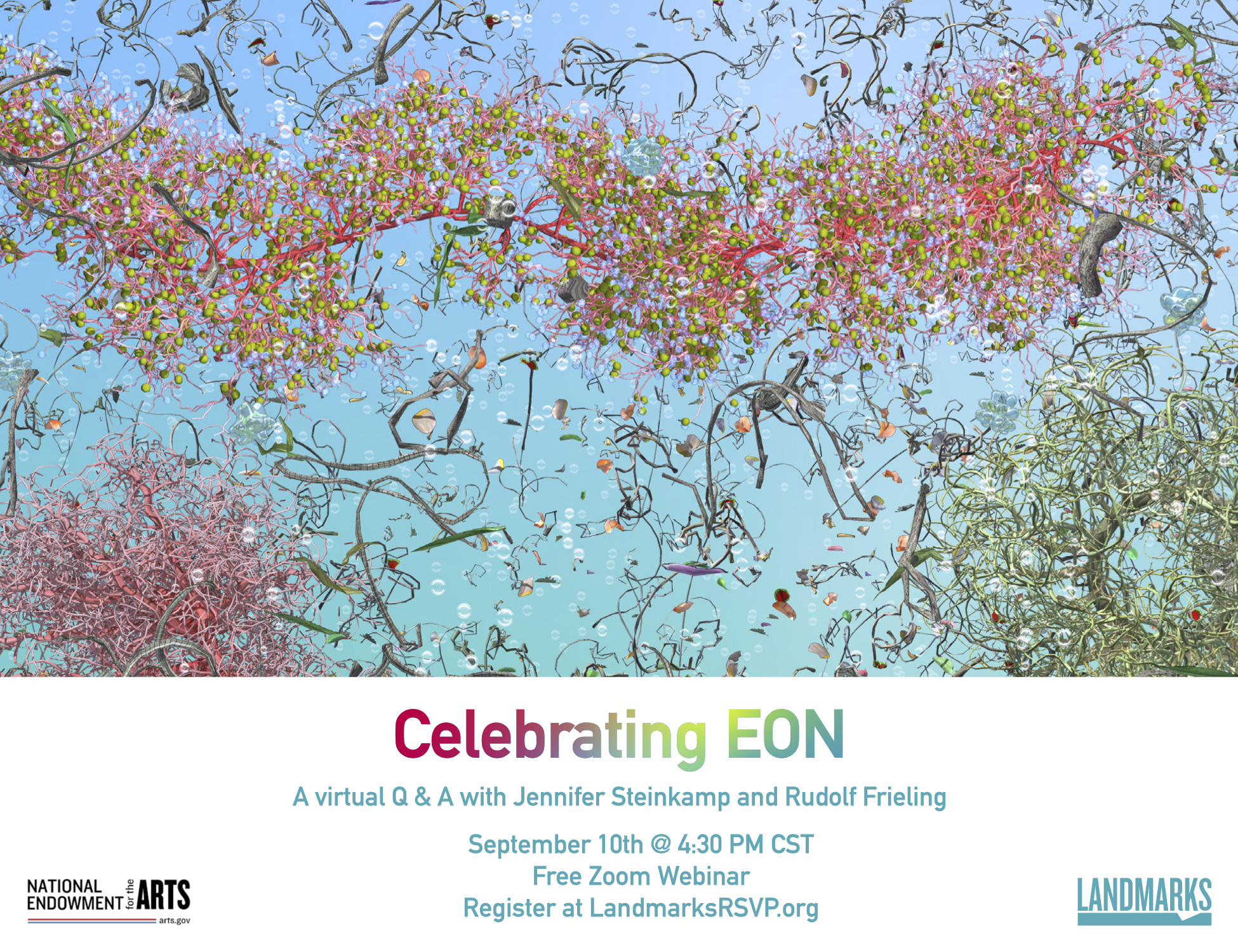 Promotional graphic for "Celebrating EON: A Virtual Q & A with Jennifer Steinkamp and Rudolf Frieling"