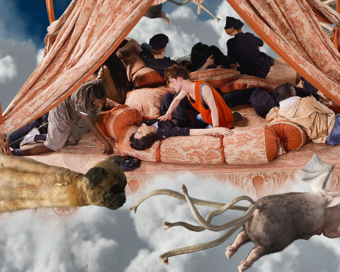 A harem scene in the clouds with a flying pug octopus and snake goat pig