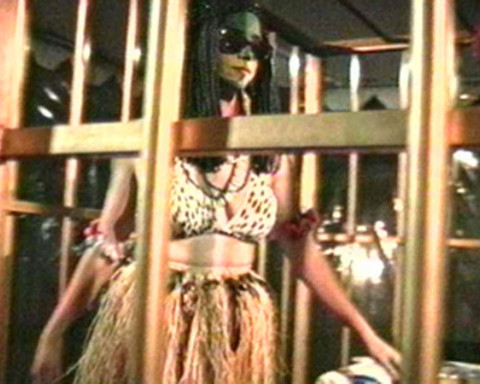 A woman wearing sunglasses and a grass skirt inside of a cage.