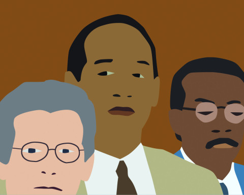 Screenshot of Kota Ezawa's "Simpson Verdict." Three men in a cartoonish "flat-color" style look in different directions.
