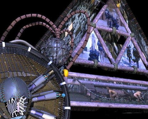 A still from Jacolby Satterwhite's video "Healing in My House" which shows a computer generated structure.