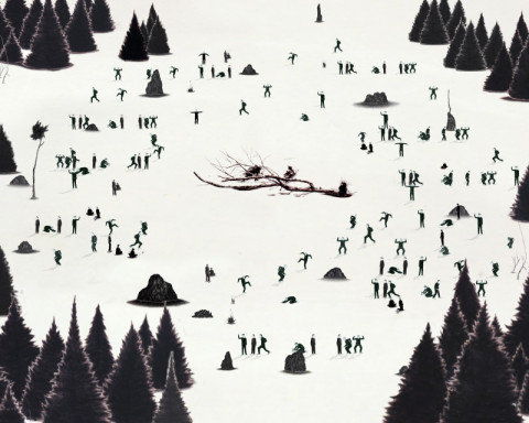 A still from Robyn O'Neil's "WE, THE MASSES" which shows a black and white images with a tree branch in a center with a ring of small figures surrounding it and a ring of trees.