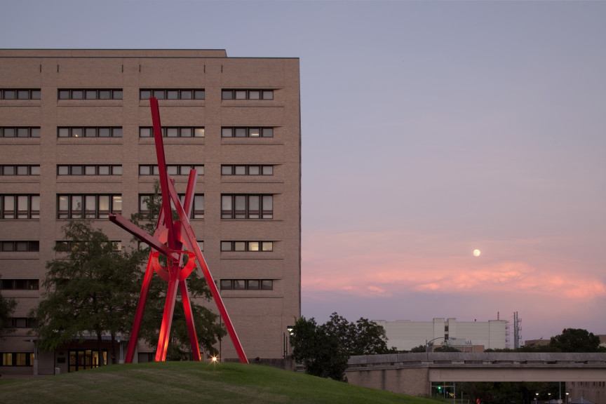 A large sculpture with the sunset in the background