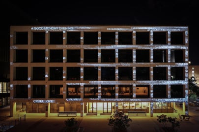 A building with projected text