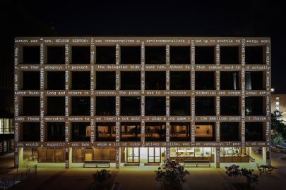 A building with projected text