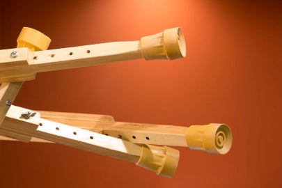 The ends of crutches with rubber stoppers.