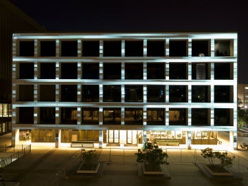 building with text projected on it