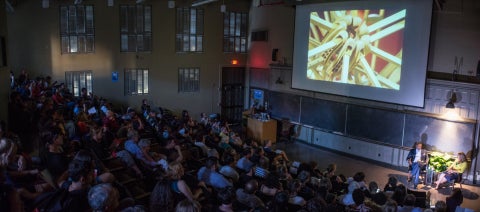 People sitting in a large auditorium