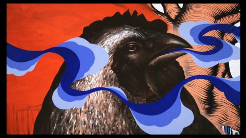 rooster with blue waves across its face