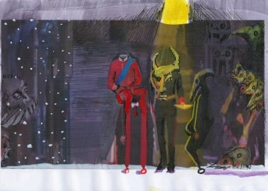 illustration with red and yellow figure on purple background