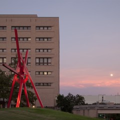 A large sculpture with the sunset in the background