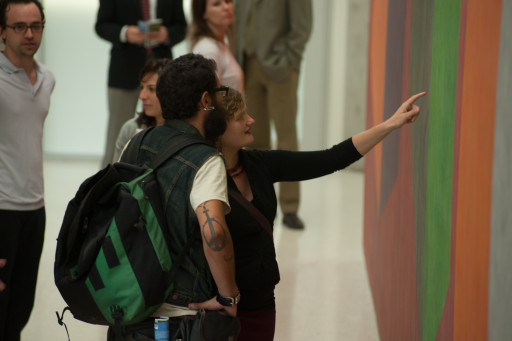 Two people looking at Sol Lewitt's Wall Drawing #520