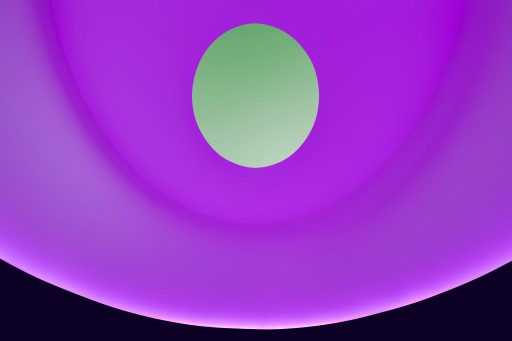 An image of the interior of James Turrell's skyspace with purple/pink color lighting the walls, turning the visible sky green through the oculus. 