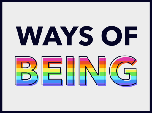 Ways of Being text with rainbow color test over Being