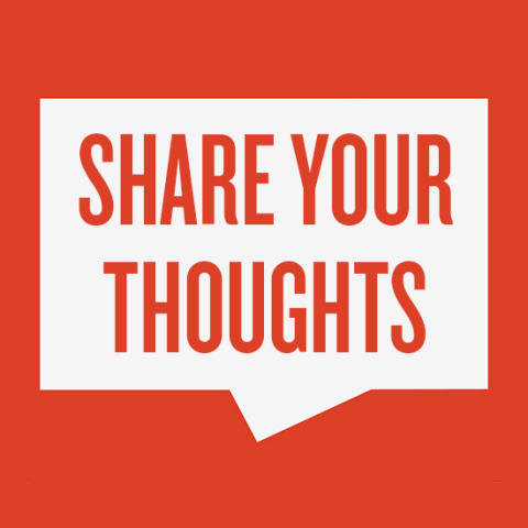 A graphic that reads "share your thoughts" in a speech bubble.