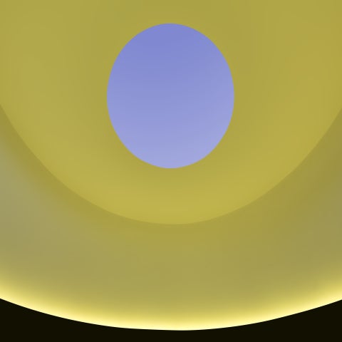 A curved room is lit yellow, while an open oculus in the ceiling reveals a lavender sky.