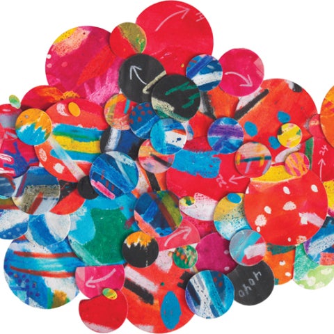 Brightly colored circles are densely layered in a rhombus shape. 