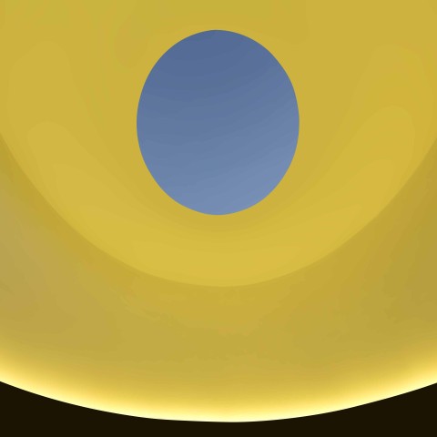 An image of the interior of James Turrell's skyspace with yellow color lighting the walls, turning the visible sky blue through the oculus.