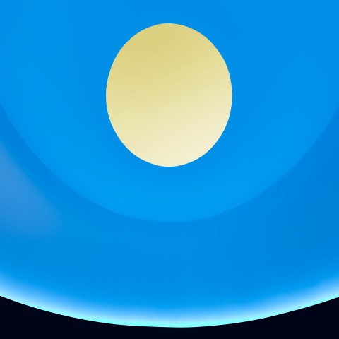 An image of the interior of James Turrell's skyspace with blue color lighting the walls, turning the visible sky yellow through the oculus.