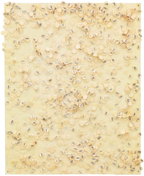 A painting made of small layered white dots with numbers on them.