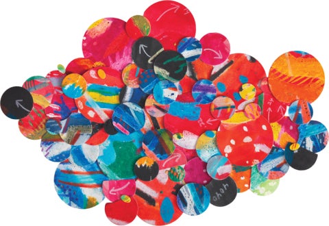 Brightly colored circles are densely layered in a rhombus shape. 