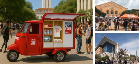 A digital rendering of Landmarks' Art Cart next to two images of students on campus