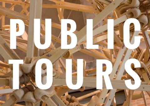 "Public Tours" written over detail of sculpture made of crutches "Public Tours" written over detail of sculpture made of crutches