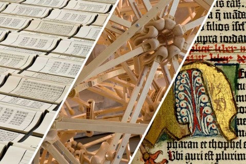 Xu Bing/Michael Ray Charles/Gutenberg Bible three images of different works of art