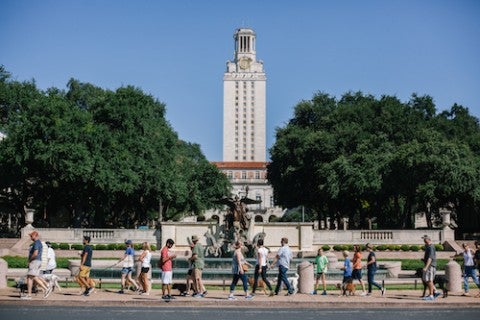 UT tower with people on tour