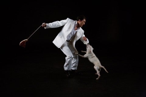 Miguel Angel Ríos, Crudo, 2008 A man swinging a raw steak on a rope while a dog bites his sleeve