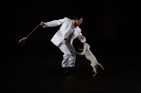 A man swinging a raw steak on a rope while a dog bites his sleeve