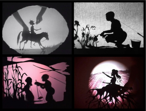 Four Kara Walker Video Stills arranged in a grid; Each depicts a figures or figures against a white or colored background 