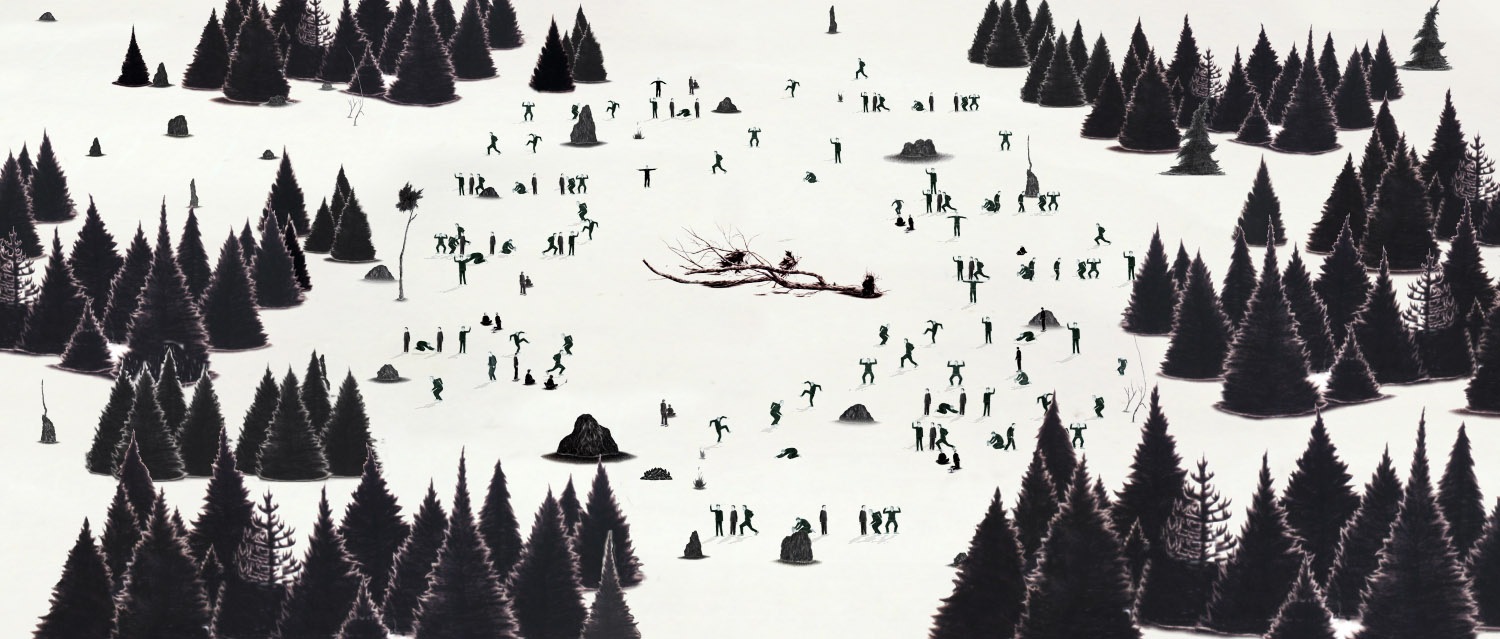 A still from Robyn O'Neil's "WE, THE MASSES" which shows a black and white images with a tree branch in a center with a ring of small figures surrounding it and a ring of trees.